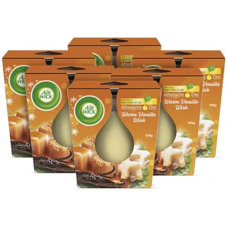 Air Wick Wohlfühl-Duftkerze im Glas – Duft: Warm Vanilla Wish – Je bis zu 20 Stunden Brenndauer – Enthält natürliche ätherische Öle – 6 x 105 g Duftkerzenset