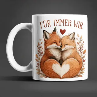 Liebestasse Tiermotiv - Kaffeetasse Geschenk fuer Partner 330 ml weiss - Füchse - Bunt