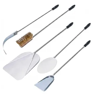 GIEMME Pizzaschaufel-Set 5-teilig aus Edelstahl für Pizzaöfen 70–75 cm | Schaufel 29×33 cm Wendeschaufel Ø22 cm Messingbürste Glutschieber Ascheschaufel