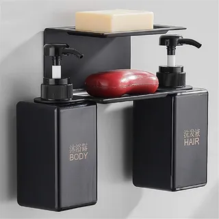 Hendalino Manuelle Hand Seifenspender für Bad Dusche Hotel Shampoo Lotion Gel Seife Spender Doppelt 2 Kammer Wand Ohne Bohren Küche Kunststoff pumpe und Aluminium Halfter mit Seife Tray,Schwarz