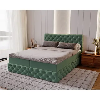 Kaiser Möbel Boxspringbett Chesterfield-Kontinentalbett Luxury Stoff Royal Velvet (Bett-Set mit Matratze und Topper), Bettkasten und Topper und Matratze grün 140 cm x 200 cm