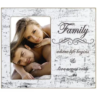 Hama Portrait Bilderrahmen „Juneau“ für Foto-Größe 10 x 15 cm (Fotorahmen aus Holz mit „Family“ Schriftzug, zum Aufstellen und Aufhängen, Vintage Style, Echtglas) weiß