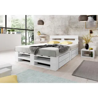 Lermowood Palettenbett M2 aus Holz 180 x 200 cm Weiß mit Kopfteil und 2 Bettkästen Holzbett 30cm Stabiles Seniorenbett Kinderbett Jugendbett Gästebett erhöhtes Bettgestell Futon Komforthöhe Naturholz