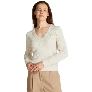 Tommy Hilfiger Damen Pullover Cable Fine mit V-Ausschnitt, Beige (Heather Ivory Petal), XL - XL