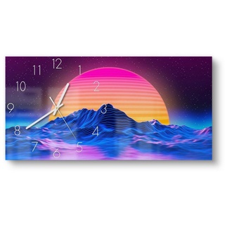 DEQORI Wanduhr 'Vaporwave digitale Kunst' (Glas Glasuhr modern Wand Uhr Design Küchenuhr) blau|orange|rosa 60 cm x 30 cm
