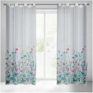 Eurofirany Gardine Landhaus Gardinen mit Blumenmuster aus Etamin Rosa Weiß Blau Bunt, Ösen, Durchsichtige Vorhänge Gesmuster Wohnzimmer Ösenschal Blumen 140 cm x 250 cm