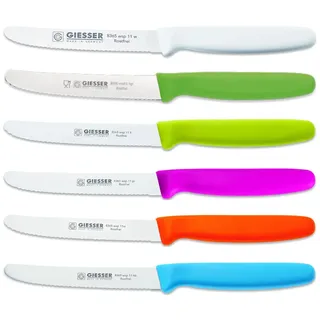 Giesser Messer 6er Set bunt Tomatenmesser Brötchenmesser Allzweckmesser 11cm Wellenschliff 3mm - weiß hellgrün limette pink orange hellblau