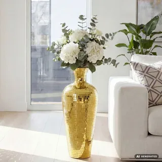 WOHNLING Bodenvase Aluminium 50cm Gold Blumenvase Groß Metallvase im Discokugel Design Modern Dekovase rund für Trockenblumen XL Hoch Deko Handmade - Gold