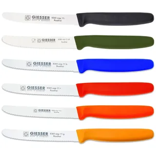 Giesser Messer 6er Set bunt Tomatenmesser Brötchenmesser Allzweckmesser 11cm Wellenschliff 3mm - schwarz olive blau rot orange gelb