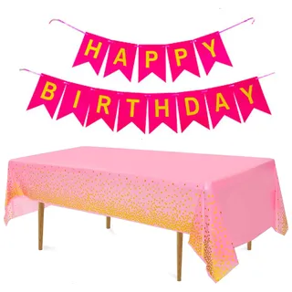 jiuzcare Einweg Tischdecke Geburtstag PEVA 137 x 274 cm, rechteckig rosa mit goldenen Punkten, Happy Birthday Girlande, Party Tischdecke für Geburtstagsfeier, Buffet, Kuchentisch und Familienfeier