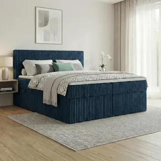 a&j möbelland gmbh Boxspringbett RALF 200 x 200 cm mit Bettkasten, Topper und gepolstertem Kopfteil. Farbe: Blau, Härtegraden: H2 , Topper: T25-Topper - Blau