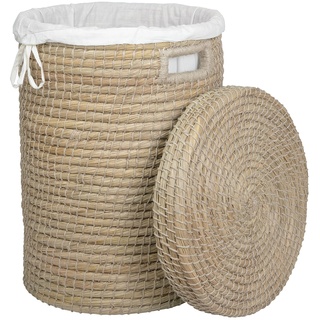 Fair Trade Korbwaren Wäschekorb aus Kaisa-Gras mit Innensack und Deckel Wäschesammler Hand-Geflochten Flechtkorb (33cm)