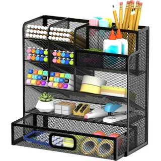 SUPEASY Metall Stift/Bleistift Halter, Schreibtisch Organizer mit Schublade, Multifunktionale Bleistift Organizer, Schreibtisch Organizer und Zubehör für Office Art Supplies (Schwarz)