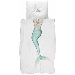 Snurk Kinderbettwäsche Mermaid Meerjungfrau, Perkal, 2 teilig, Flosse, Prinzessin, Perlen, Muscheln, Krone weiß