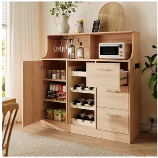 REDOM Sideboard LED-Bar-Sideboard mit integrierten Steckdosen & Gläserhaltern (120x121x40 cm, 1 St., Weinregal & mehrere Staufächer für Geschirr & Zubehör), Ideal als Theke & Aufbewahrung in Küche, Bar & Bistro beige
