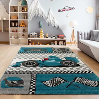 SIMPEX Teppich Kinderzimmer Rennwagen Design Blau Kurzflor Kinderteppich mädchen Spielteppich Modern Design Babyzimmer Teppiche für Junge und Mädchen Extra Weich 160 x 230 cm