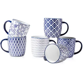 Cerkik Keramik Kaffeebecher Set - 350 ml große Porzellan Teetassen mit Henkel für Cappuccino Latte Kakao Milch Tee - Weihnachten Housewarming Geschenk - Set von 6 - Vintage Blau