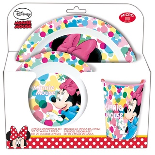 p:os 33483088 Disney Minnie Mouse - Frühstücksset, 3-teiliges Geschirrset mit Teller, Schüssel und Trinkbecher, Kindergeschirr aus Kunststoff, spülmaschinen-/mikrowellengeeignet