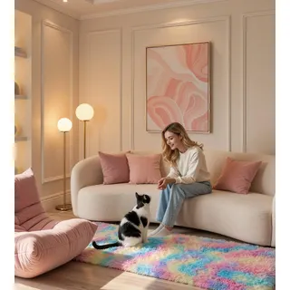 ROHATIM Teppich Flur 80 x 150 cm Regenbogen Waschbar Rutschfester Hochflorteppich Schlafzimmer Kinderzimmer Flauschiger Teppiche