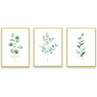 AWKFHF Eukalyptus-Aquarell Bilder,Botanisches Grün Blätter Leinwandbild Poster Kunstdruck Wohnzimmer Deko Schlafzimmer Bilder Wanddekoration (3X30X40CM,ohne Rahmen)