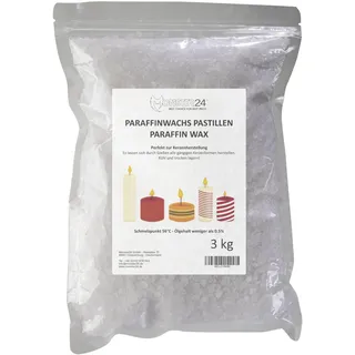 Monster24 - Paraffinwachs Pastillen 3 Kg für Kerzen, Tischfeuer etc. weißes Kerzenwachs zum Gießen und Nachfüllen eigener Kerzenkreationen, Wachs Granulat Pastillen für Gartenfackeln Schmelzpunkt 56°C