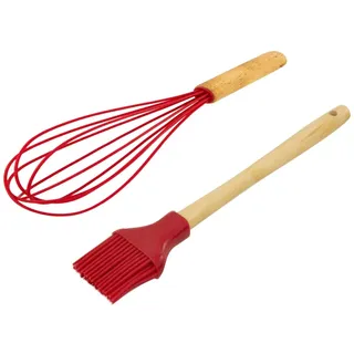 Easyline 2-teiliges Küchen- und Back Set – Silikon Schneebesen und Pinsel mit Holzgriff (Rot)