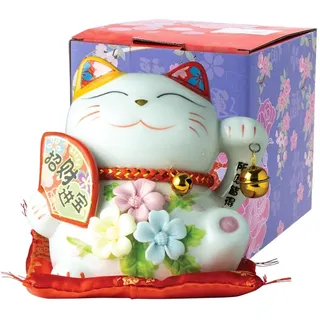 Winkekatze Maneki Neko Weiß 13cm Porzellan Spardose Japanische Deko Katze