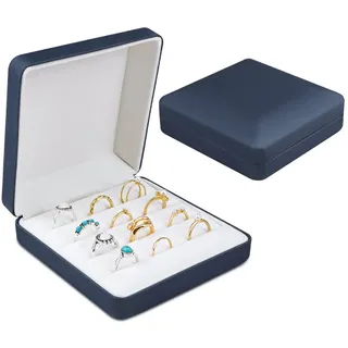 BOJVESH Schmuck-Ring-Organizer-Box, kleine Schmuckbox, Reise-Schmucketui, tragbare Ring-Aufbewahrungsbox, PU-Leder-Ringe-Tablett, Halterbox für Damen, Herren, Ohrring, Manschettenknöpfe (blau)