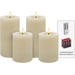Candela Lights LED Kerzen 4er Set Winter cream glatt Echtwachs inklusive Fernbedienung und 8 Batterien Timer Funktion & mehrstufig dimmbar flammenlos Echtwachskerzen Stumpenkerzen