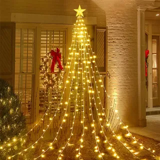 Acxilexy Christbaumbeleuchtung mit Sterne, 2M*9 198 LEDs Tannenbaum Lichterketten,Wasserdicht USB Weihnachtsbaum Lichterketten mit 8 Modi für Weihnachtsbaum, Fenster, Garten Dekor