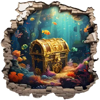 Wandtattoo Wandriss mit Schatztruhe Fenster in andere Welt Portal Schiffsfenster Kinderzimmer Wandaufkleber (30x30cm Schatztruhe)