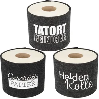 3er Set Toilettenpapier Banderole mit lustigen Sprüchen | Klopapierverstecker | WC Papier Lustig | Cover WC Rolle | Filzhülle (Dunkelgrau)