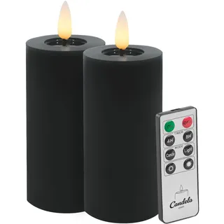 Candela LED Kerzen 2er Set H:10xØ5cm Winter schwarz glatt Echtwachs mit Fernbedienung Timer Funktion & mehrstufig dimmbar flammenlos Echtwachskerzen Stumpenkerze