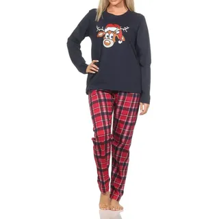 Normann Pyjama Damen Weihnachts Schlafanzug Pyjama mit lustigen Renntier Motiv blau 40-42