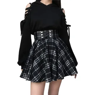 Damen Mini-Faltenrock, kariert, hohe Taille, Gothic-Stil, A-Linie, zum Schnüren, Schwarz, XL - XL