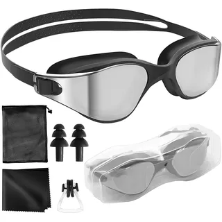 Schwimmbrille Herren Damen, Antibeschlag, Swimming Goggles, mit Nasenklammer Schwimmen, Ohrstöpseln, UV-Schutz, PC-Hochklarlinsen, Verstellbarer Silikonband, inkl. Aufbewahrungstasche, Reinigungstuch