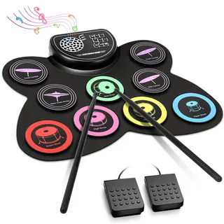 Anpro Schlagzeug Elektronisch, 9 Pads Faltbares Elektronisches Schlagzeug | Eingebauter Stereo-Lautsprecher, Unterstützt einen Kopfhörerausgang, 10 Stunden Spielzeit
