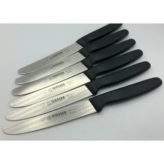 Giesser Messer - Made in Germany - 6er Set Brötchenmesser Tomatenmesser Küchenmesser Allzweckmesser Universalmesser Gemüsemesser glatter Schliff Klingenlänge 11cm (Schwarz - glatte Schneide)