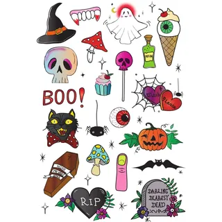 Tatsy The Halloween Set – Temporäre Halloween-Tattoos für Kinder und Erwachsene, mit Geistern, Totenköpfen, Spinnen und Süßigkeiten