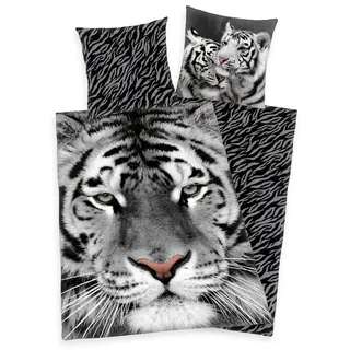 Bettwäsche Set weißer Tiger 135 x 200 cm 80 x 80 cm 100% Baumwolle - Grau