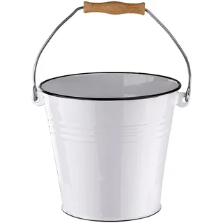 Emaille Wassereimer Blumeneimer Henkeleimer Pflanzeimer Eimer Gartendeko Garten Deko Bauerngarten Landhaus 5 L emailliert weiß mit Holz Henkel