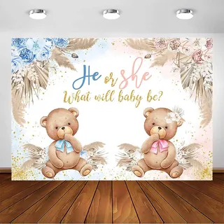 Avezano Boho-Bär-Hintergrund, Party-Dekoration, böhmisches Pampasgras, rosa oder blau, Party-Hintergrund, Banner, Foto-Requisiten (3 x 2,4 m)