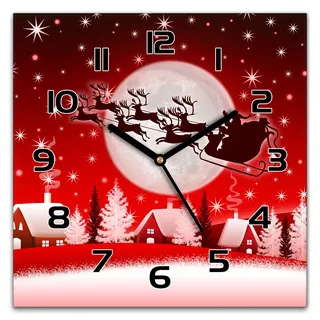 Coloray Weihnachten Wanduhr Glas Uhr Gehärtetem Glas Echtglas Küche Wohnzimmer 30x30 cm Quadrat Wandkunst Bild - Schwarze Uhrzeiger - Roter Weihnachts Schlitten Dorf Mond