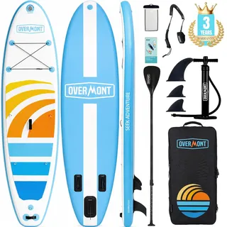 Overmont SUP Board Aufblasbar Stand Up Paddle Board für Erwachsene 323x84x15 cm, Komplettes SUP Set mit Verstellbarem Paddel, Pumpe, Rucksack, Leash & 3 Finnen-Dreifarbiges Design