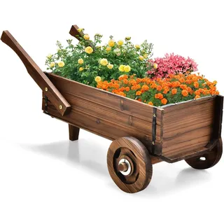 Fantask COSTWAY Blumenwagen Holz, Pflanzwagen mit Rädern und Griffen, Blumenkarre mit Abflussloch, Pflanztopf Bollerwagen, Schubkarre Gartendeko, Rustikaler Pflanzkarre für Garten Terrasse, Braun