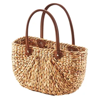 Kobolo Shopper Korbtasche aus Wasserhyazinthe - Kunstledergriffe - natur braun beige|braun
