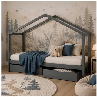 Homestyle4u Hausbett 90 x 200 cm Kiefer massiv lackiert grau