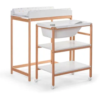 OKBABY Woody – Wickeltisch aus Holz mit ergonomischer Badewanne und Rädern, komplett mit weicher Wickelauflage für Neugeborene – 0–12 Monate (11 kg) – Weiß