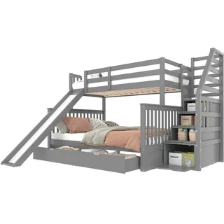 OKWISH Etagenbett 90x200/140x200 mit Schubladen und Rutsche, Hochbett aus Kiefer und MDF, platzsparendes Doppelbett mit Stauraum, stabiles Bettgestell Grau