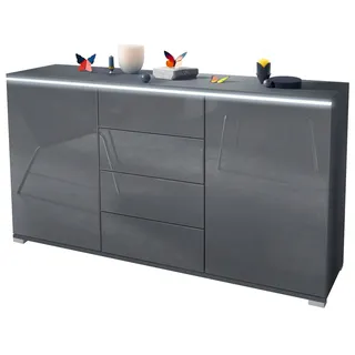 Vladon Sideboard Faro V1 (Kommode mit 2 Türen & 4 Schubladen, Schrank mit LED Lichtleiste), Anthrazit matt / Grau Hochglanz (138,5 x 75,5 x 35) grau